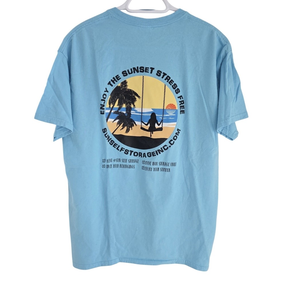 Gildan Beach Sunset Graphic Tee L Blue Palm Tree Summer‎ Back Print Shirt